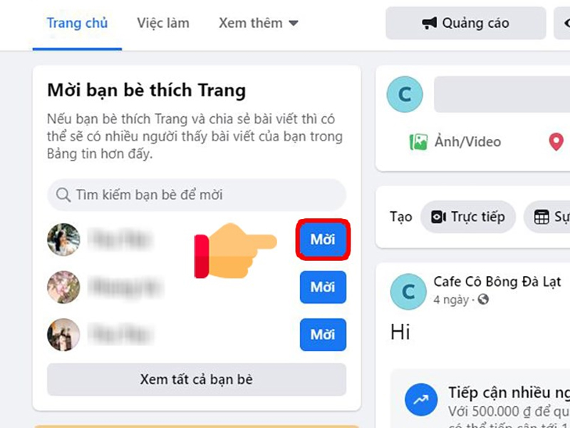 Mời bạn bè trên Facebook like Fanpage