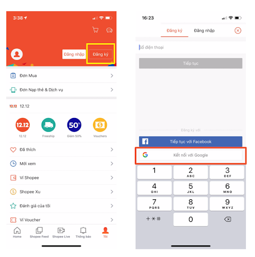 Đăng ký tài khoản Shopee bằng Google